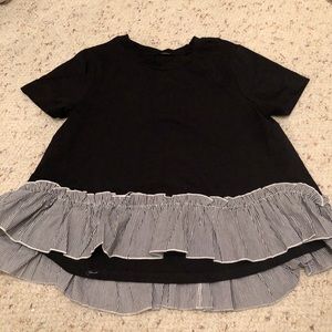 SHEIN black with colored ruffle shirt.
